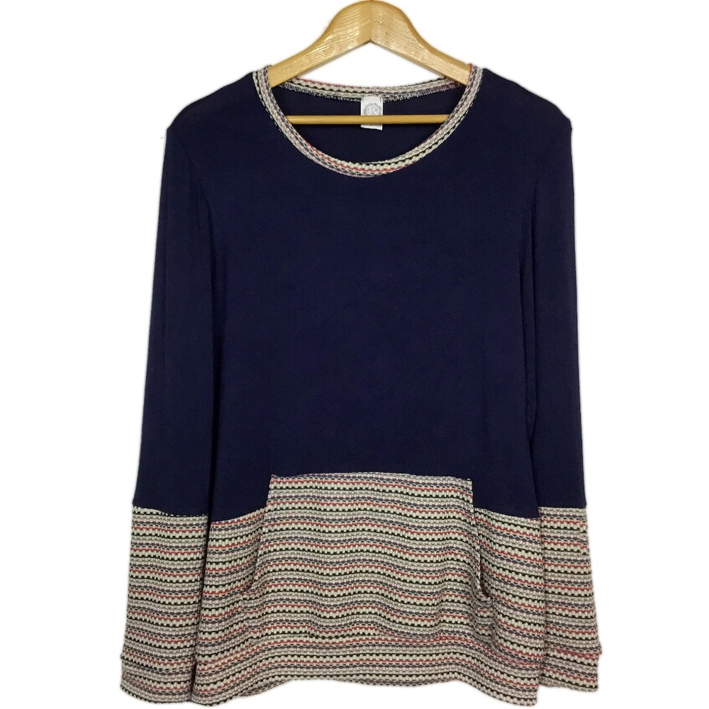 Blue Long Sleeve Kangaroo Pocket Tunic Top